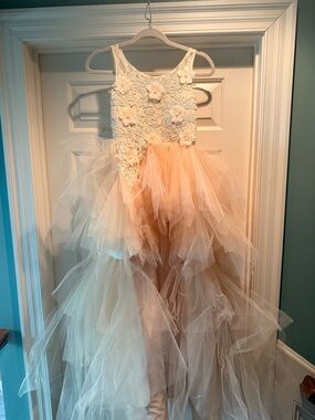 Ivory Lace Bodice Champagne Tulle Hi-Low Flower Girl Dress